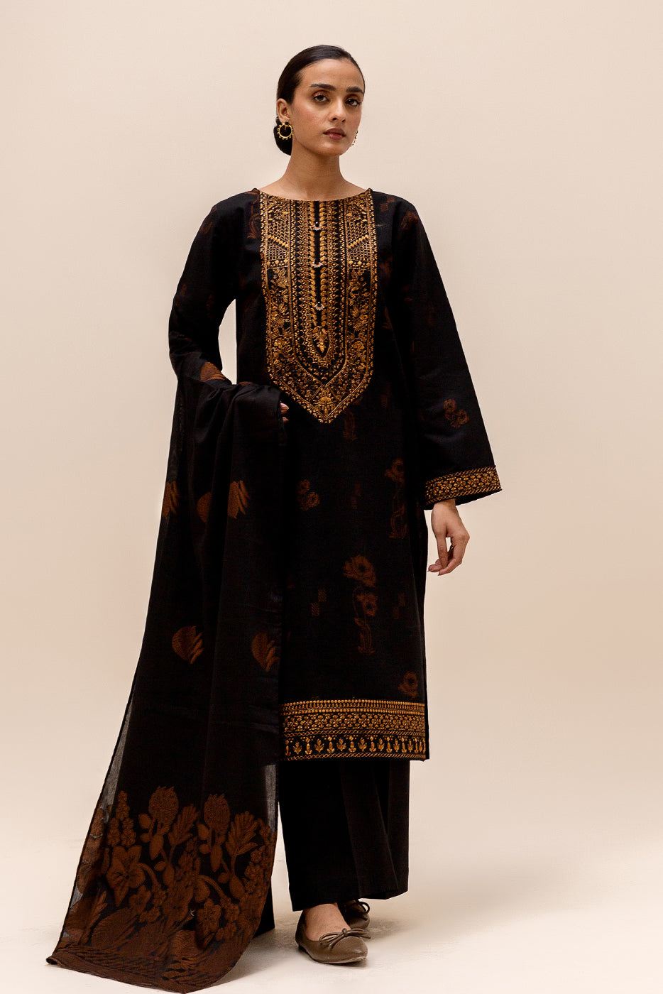 3 Piece Embroidered Jacquard Suit-Raven Glaze (Unstitched)