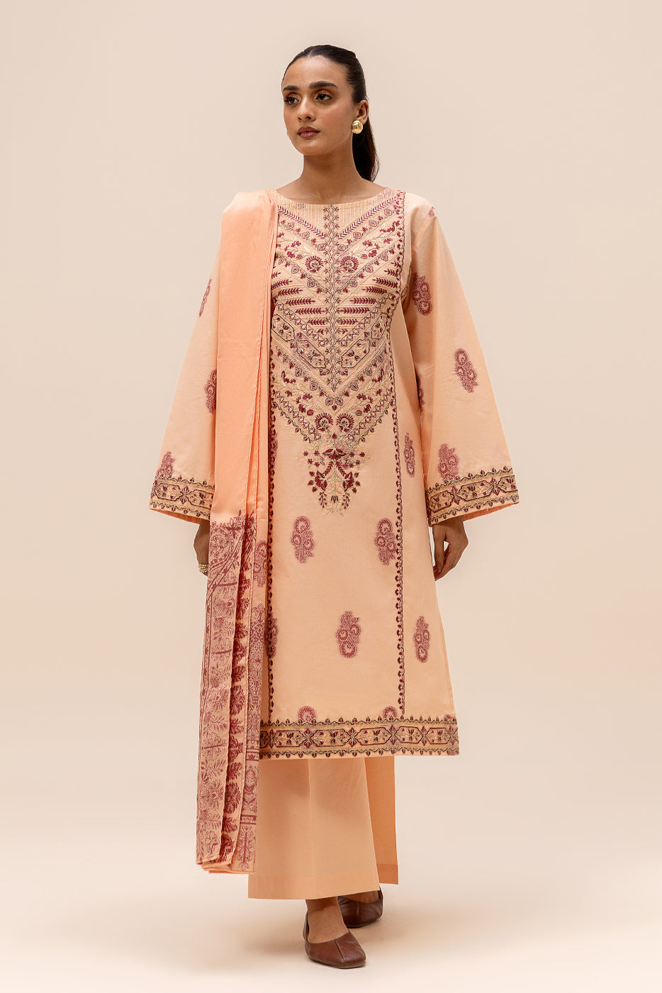 3 Piece Embroidered Jacquard Suit-Salmon Bliss (Unstitched)