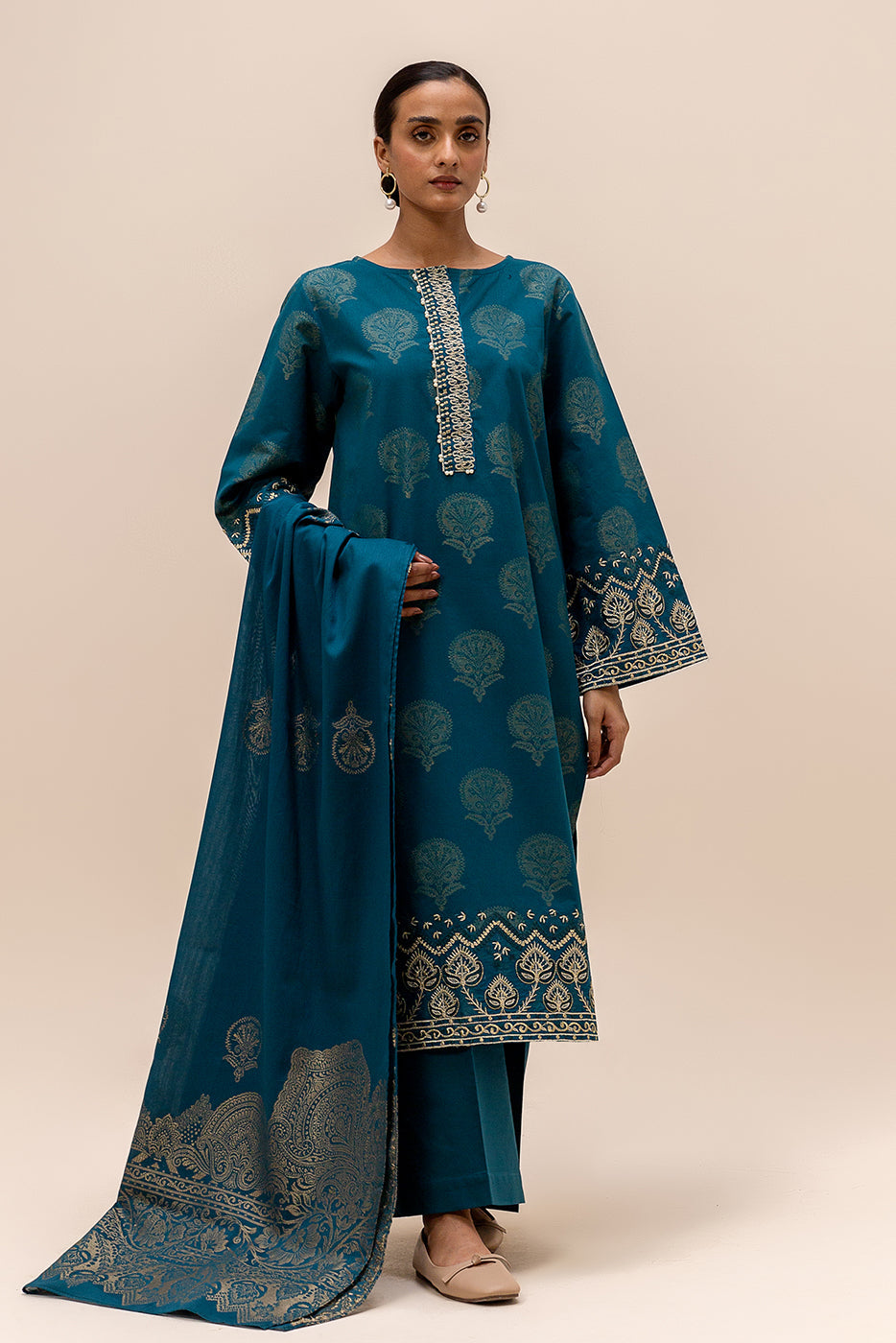 3 Piece Embroidered Jacquard Suit-Midnight Leaf (Unstitched)