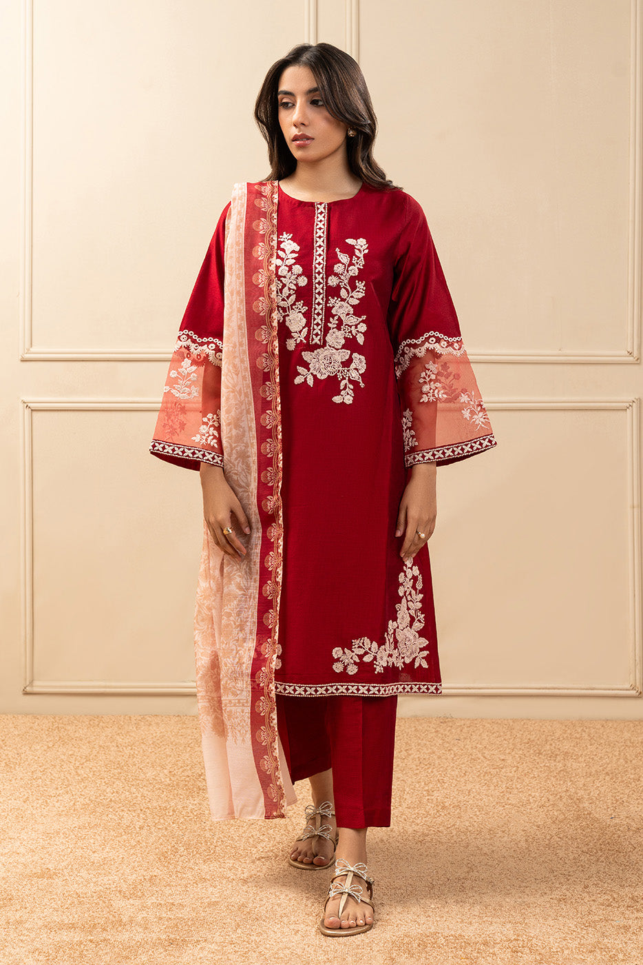 3 PIECE EMBROIDERED TWO TONE SUIT (PRET)BT1250003PR0208-RED-2000000281395-8