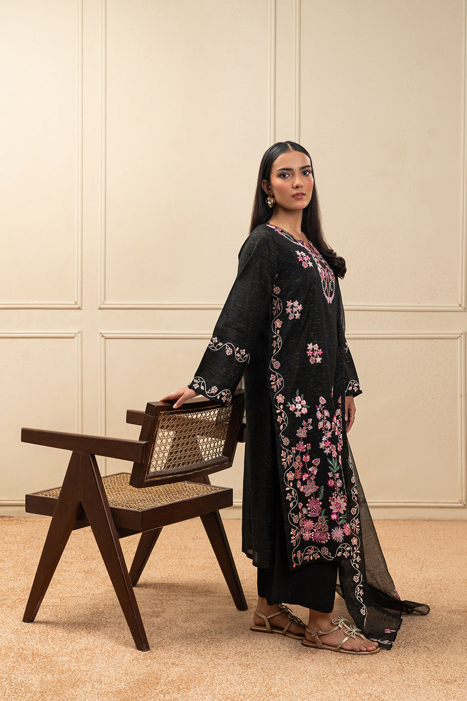 3 Piece Embroidered Gold Zari Suit (Pret)