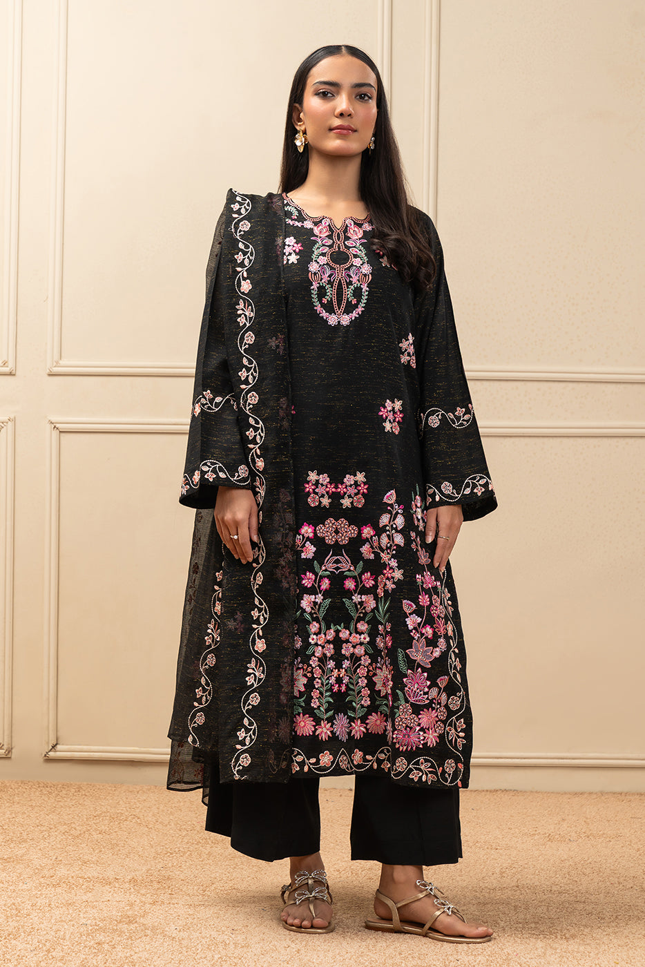 3 Piece Embroidered Gold Zari Suit (Pret)