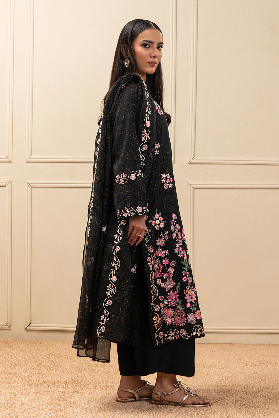 3 Piece Embroidered Gold Zari Suit (Pret)