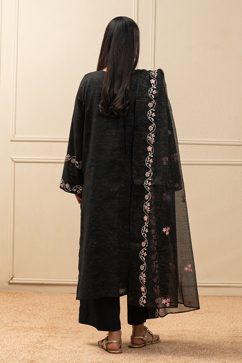 3 Piece Embroidered Gold Zari Suit (Pret)