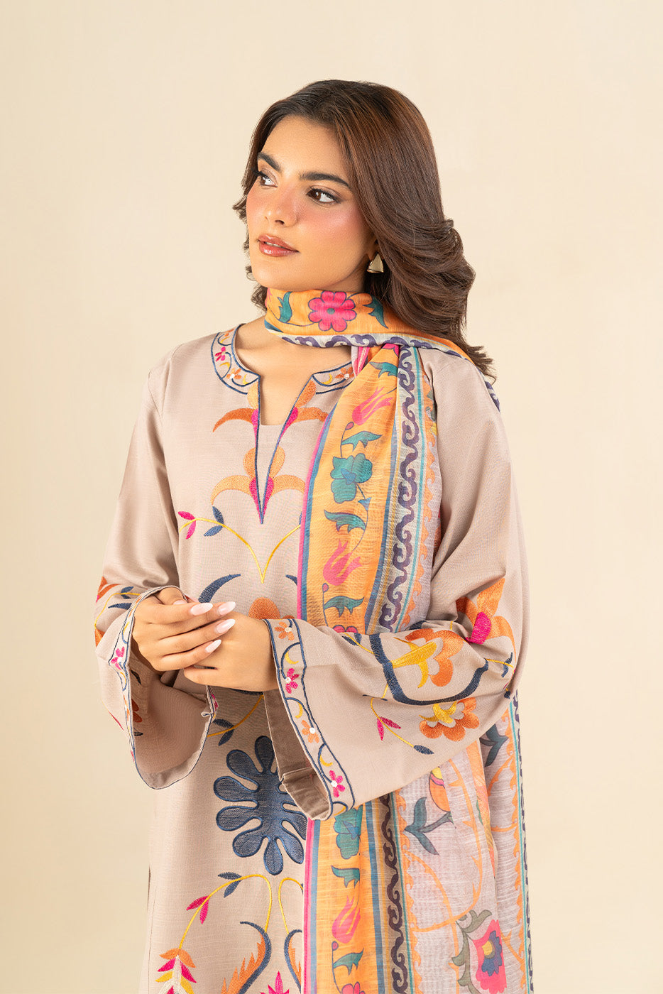 3 PIECE EMBROIDERED SLUB SUIT (PRET)
