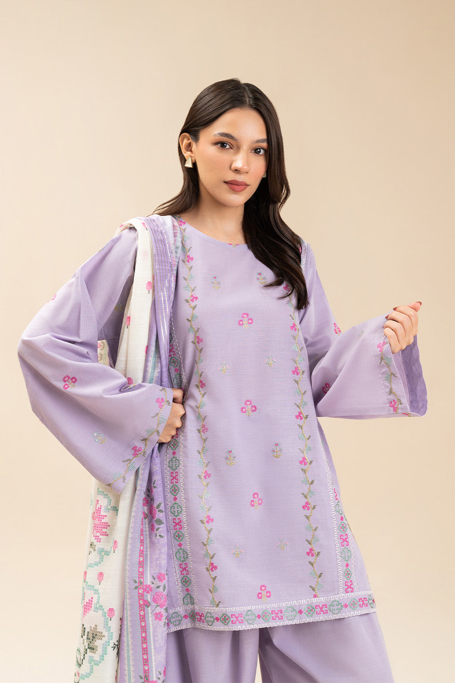 3 PIECE EMBROIDERED SLUB SUIT (PRET)