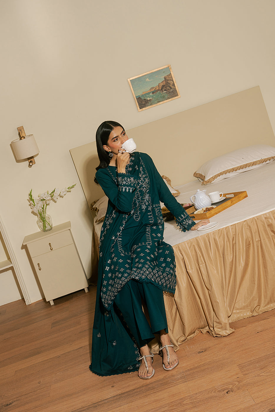 3 Piece Embroidered Lawn Suit-Stardust Teal (Unstitched)