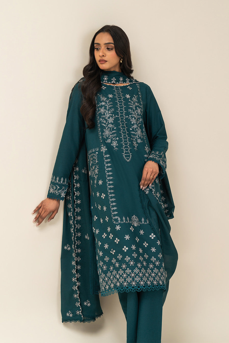 3 Piece Embroidered Lawn Suit-Stardust Teal (Unstitched)