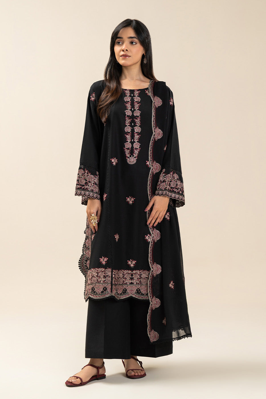 3 Piece Embroidered Lawn Suit-Deep Espresso (Unstitched)