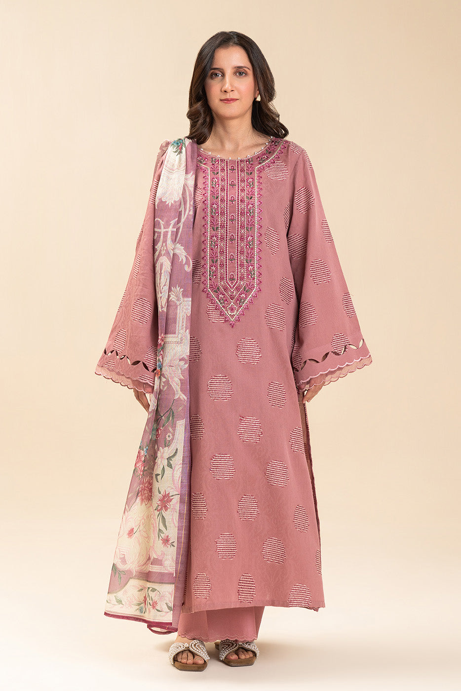 3 PICE EMBROIDERED LAWN SUIT-SALMON ROSE (UNSTITCHED)