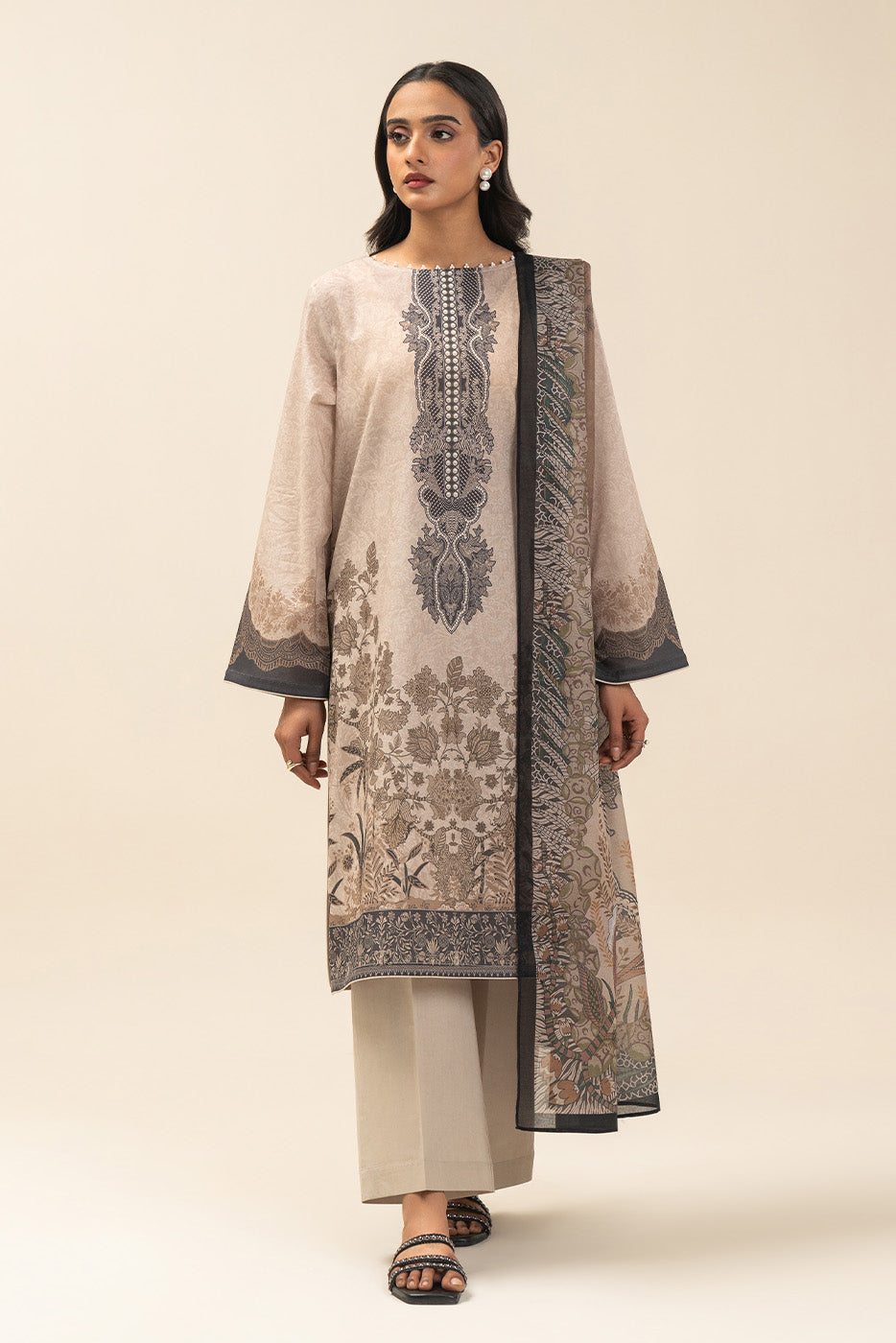 3 PIECE PRINTED LAWN SUIT-COFFEE FOREST (UNSTITCHED)