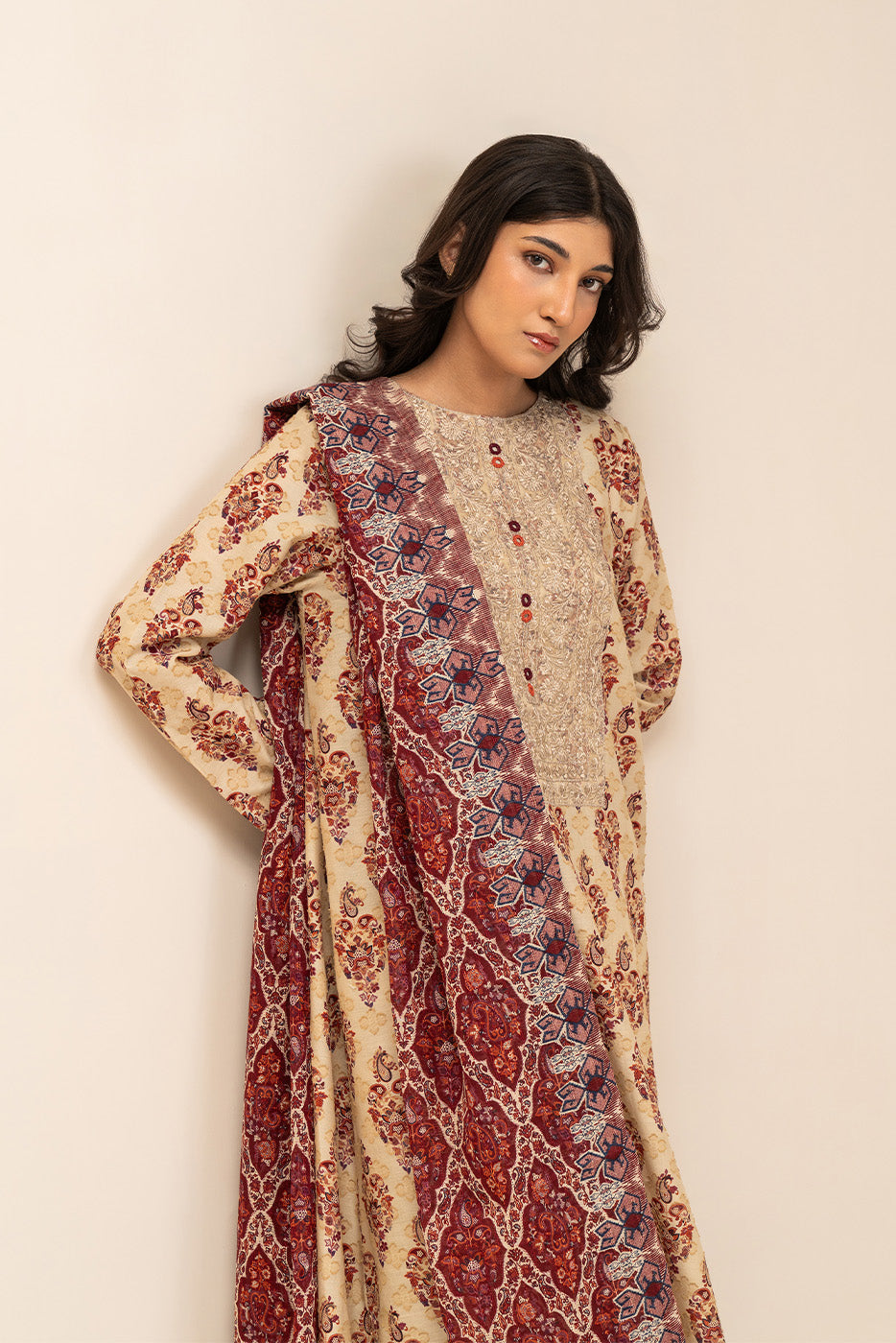3 PIECE EMBROIDERED REVERSE  JACQUARD SUIT-REGAL UMBER (UNSTITCHED)