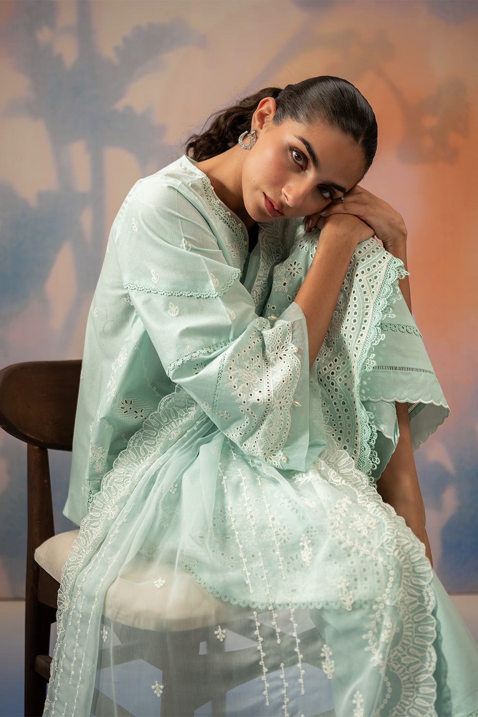 3 PIECE EMBROIDERED CHIKANKARI SUIT WITH BAMBER DUPATTA-AZURE MIST (UNSTITCHED)