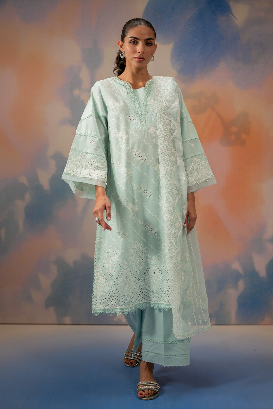 3 PIECE EMBROIDERED CHIKANKARI SUIT WITH BAMBER DUPATTA-AZURE MIST (UNSTITCHED)