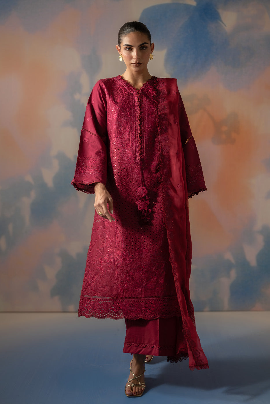 3 PIECE EMBROIDERED CHIKANKARI SUIT WITH BAMBER DUPATTA-CRIMSON CORE (UNSTITCHED)
