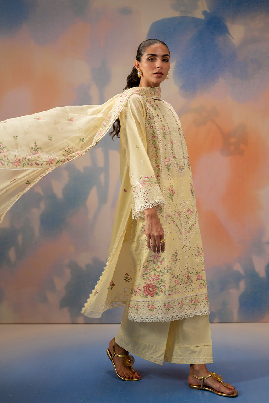3 PIECE EMBROIDERED CHIKANKARI SUIT WITH BAMBER DUPATTA-FLORAL WHISPER (UNSTITCHED)