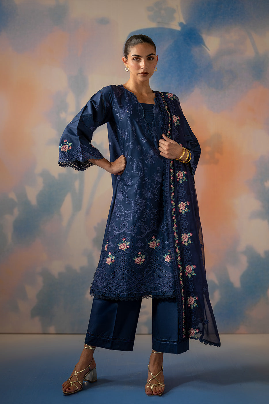 3 Piece Embroidered Chikankari Suit With Bamber Dupatta-Cosmic Sapphire (Unstitched)