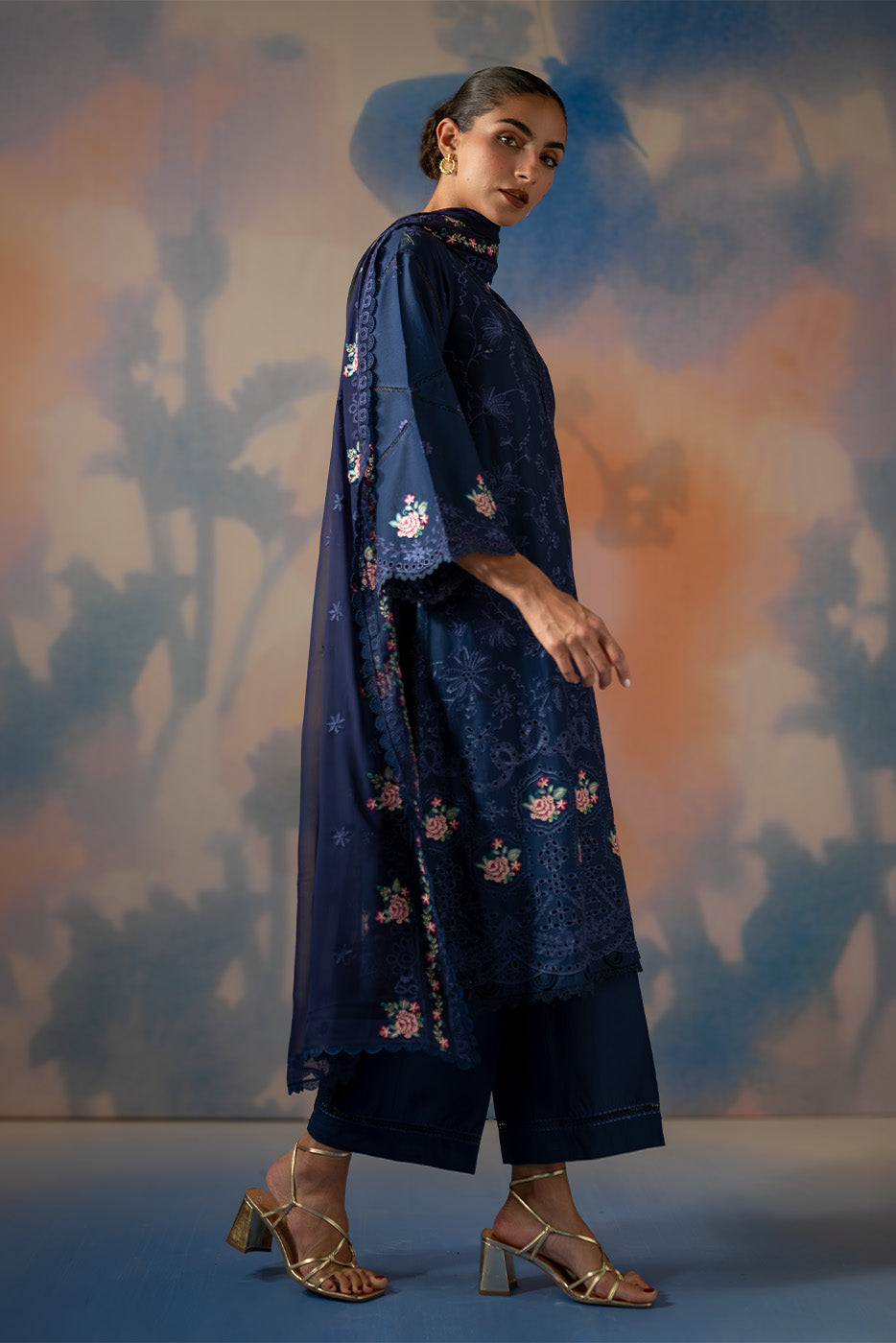 3 Piece Embroidered Chikankari Suit With Bamber Dupatta-Cosmic Sapphire (Unstitched)