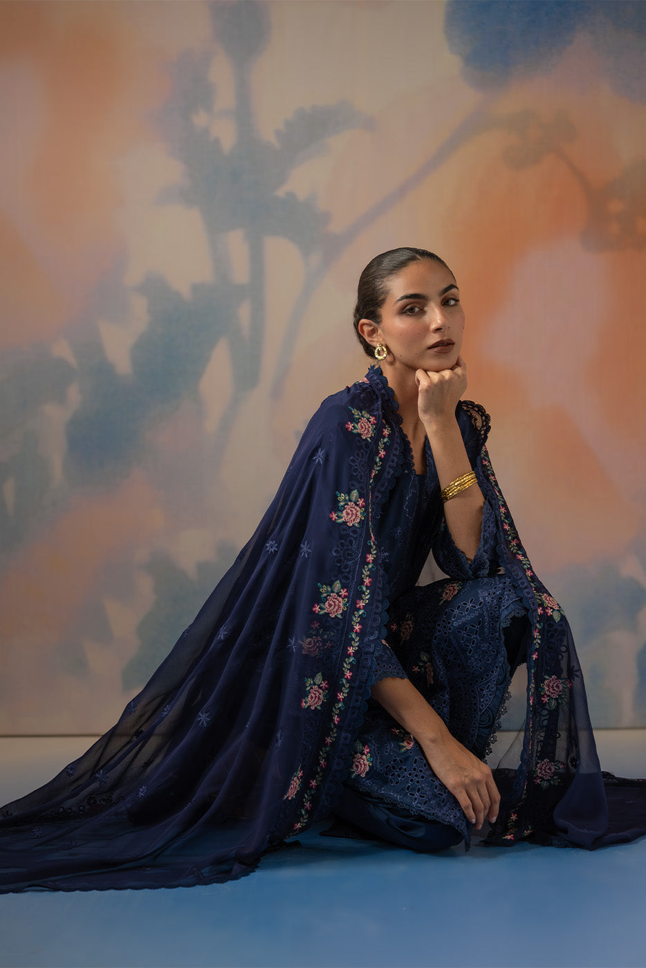 3 Piece Embroidered Chikankari Suit With Bamber Dupatta-Cosmic Sapphire (Unstitched)