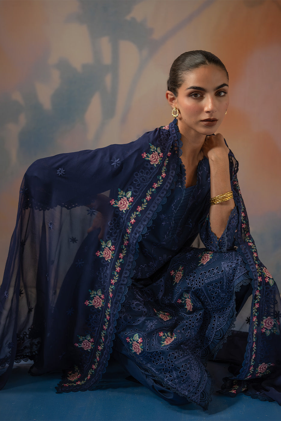 3 Piece Embroidered Chikankari Suit With Bamber Dupatta-Cosmic Sapphire (Unstitched)