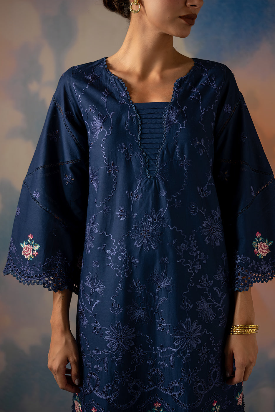 3 Piece Embroidered Chikankari Suit With Bamber Dupatta-Cosmic Sapphire (Unstitched)