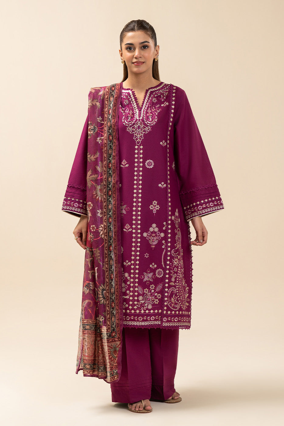 3 Piece Embroidered Lawn Suit-Plum Majesty (Unstitched)
