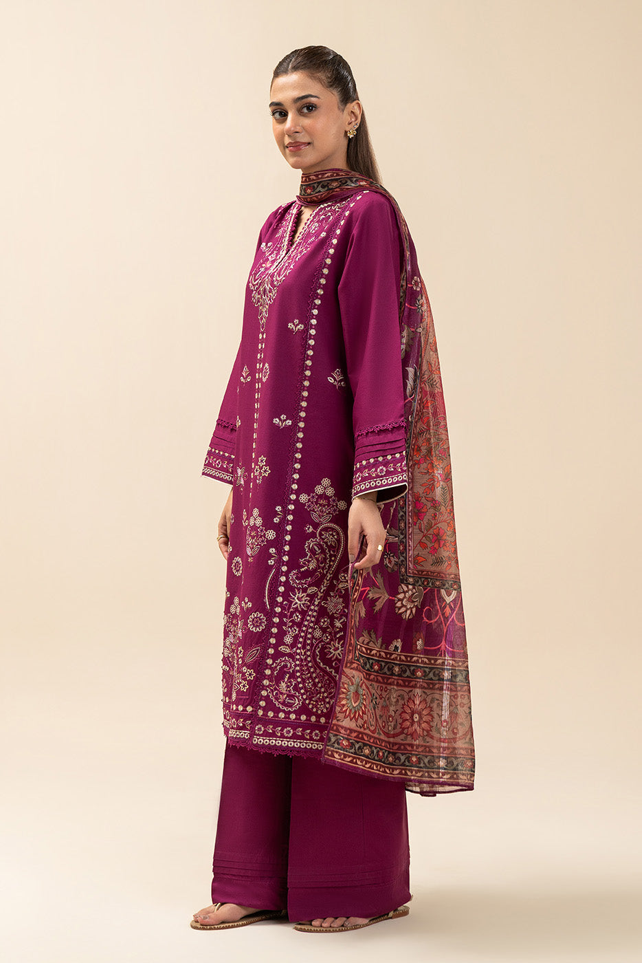 3 Piece Embroidered Lawn Suit-Plum Majesty (Unstitched)