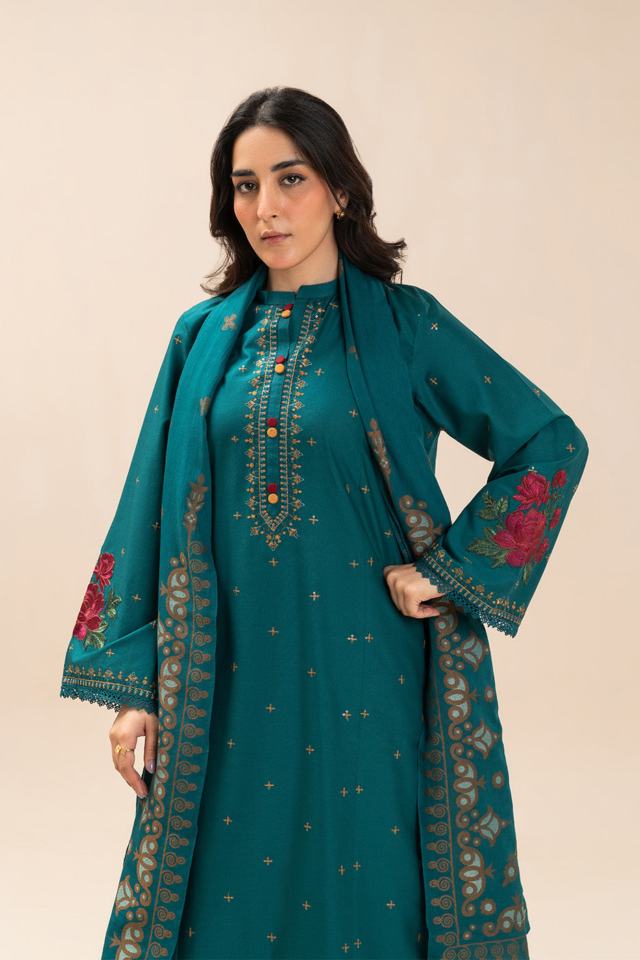 3 Piece Embroidered Lawn Suit-Beryl Blue (Unstitched)