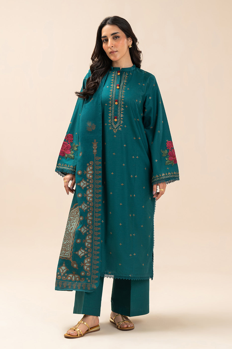 3 Piece Embroidered Lawn Suit-Beryl Blue (Unstitched)