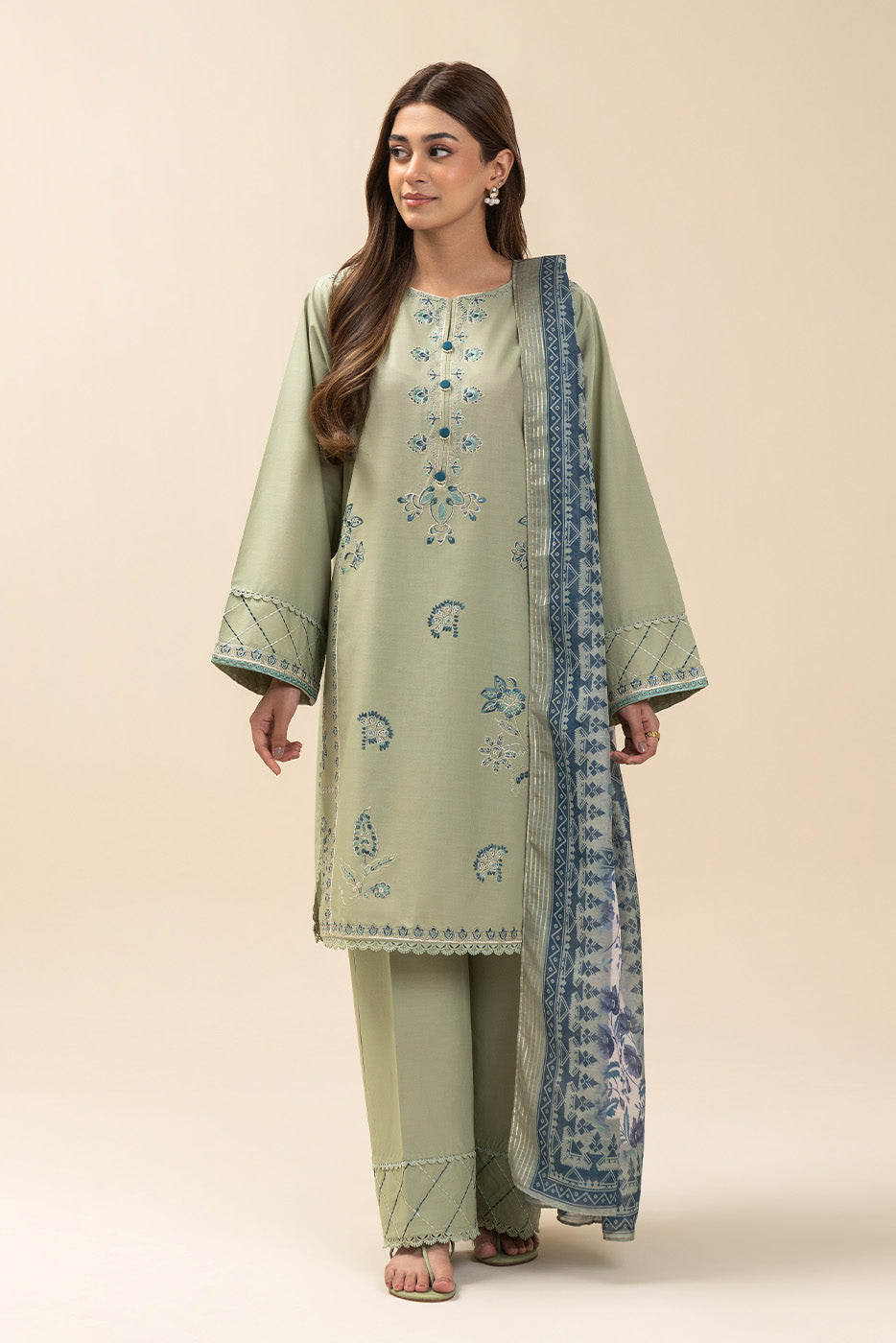 3 Piece Embroidered Lawn Suit-Mineral Mint (Unstitched)
