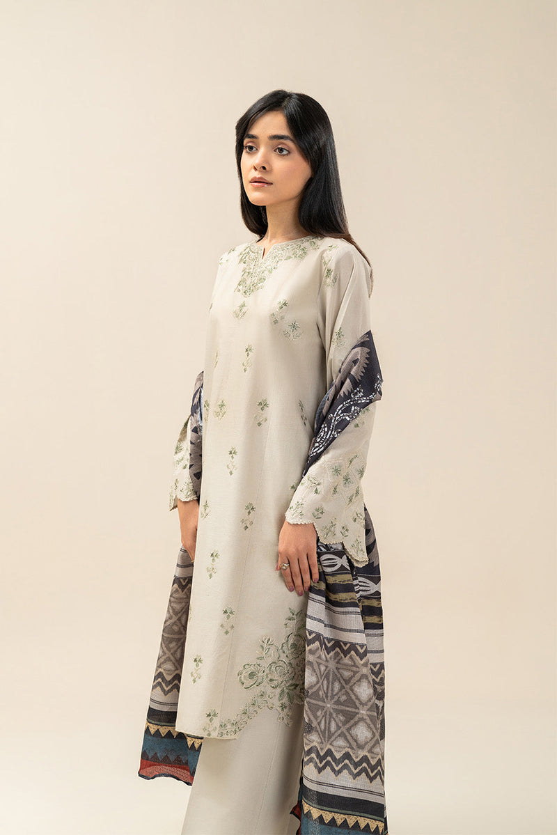 3 PIECE EMBROIDERED LAWN SUIT-OYSTER BUD (UNSTITCHED)