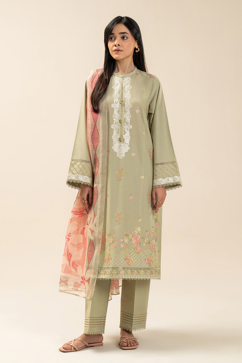 3 Piece Embroidered Lawn Suit-Coral Reef (Unstitched)