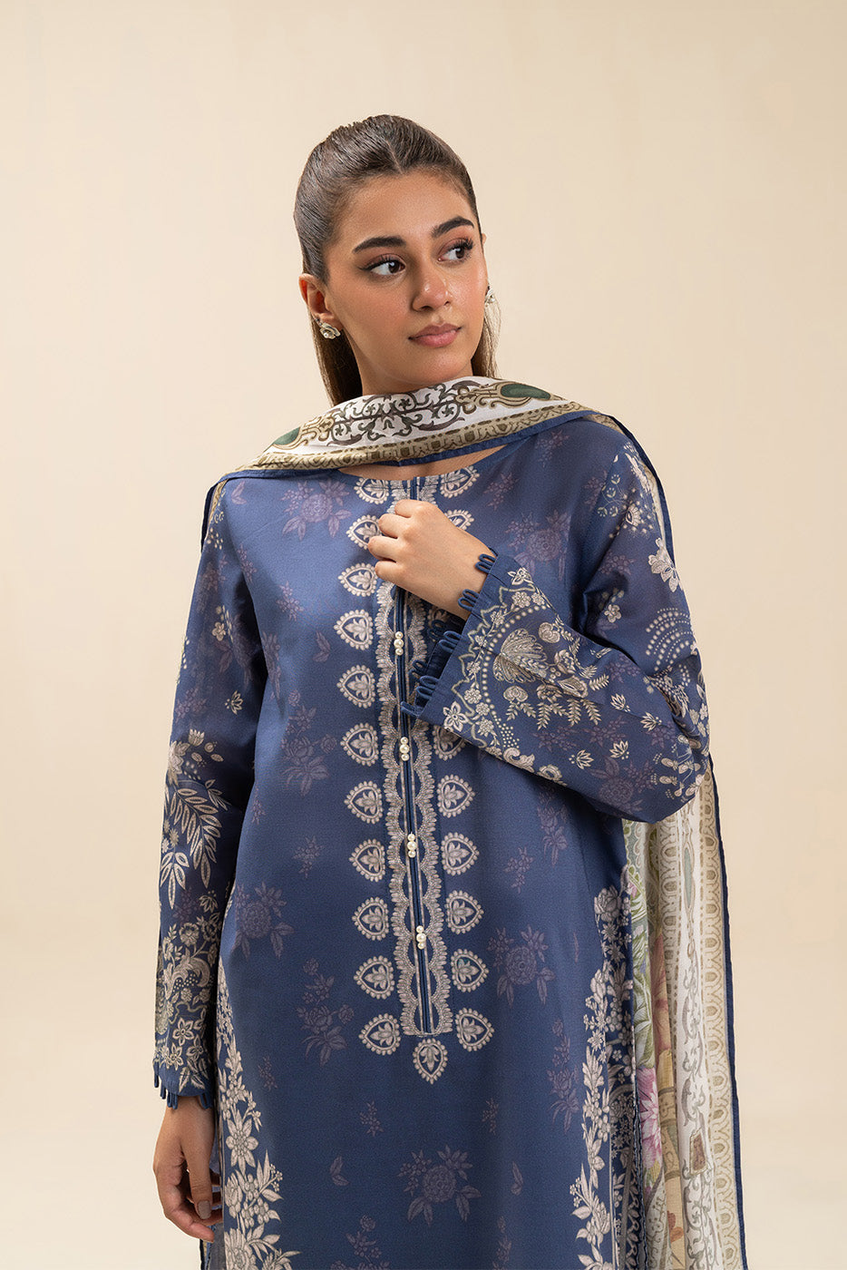 3 PIECE PRINTED LAWN SUIT-SYMPHONY BLUE (UNSTITCHED)