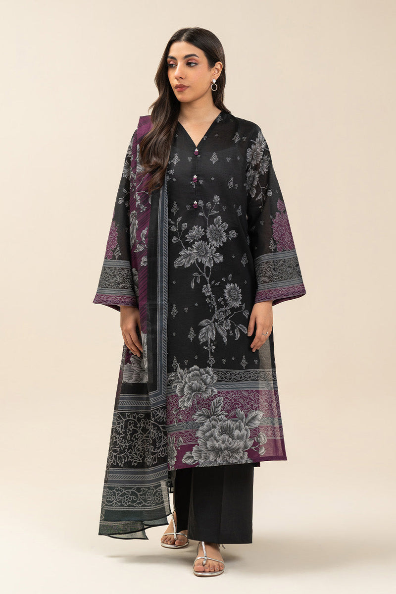 3 Piece Printed Lawn Suit-Dusty Flora (Unstitched)