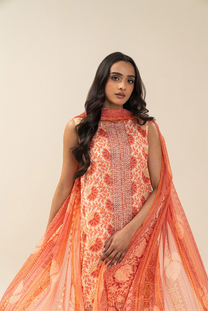 3 Piece Embroidered Lawn Suit-Coral Jacquard (Unstitched)