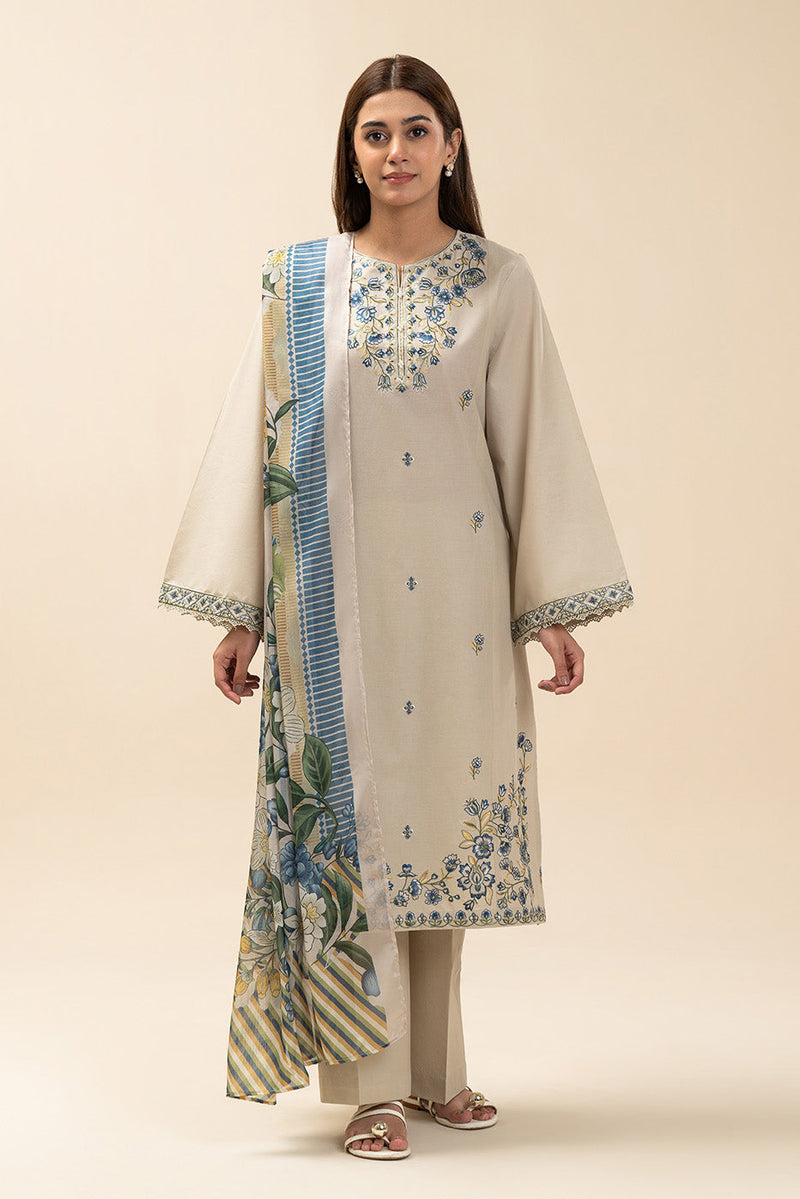 3 Piece Embroidered Lawn Suit-Ivory Orchard (Unstitched)
