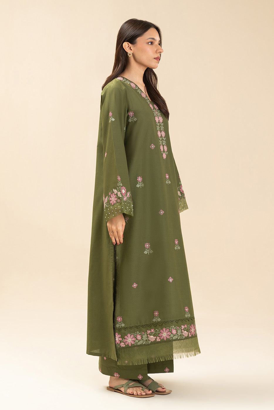 2 PICE EMBROIDERED LAWN SUIT-OLIVE VOYAGE (UNSTITCHED)