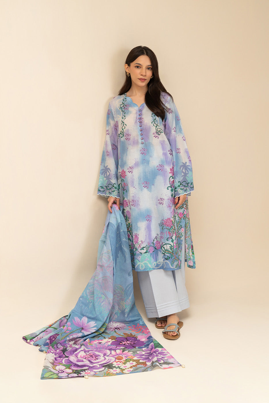 3 PICE PRINTED LAWN SUIT-COASTAL BREEZE (UNSTITCHED)