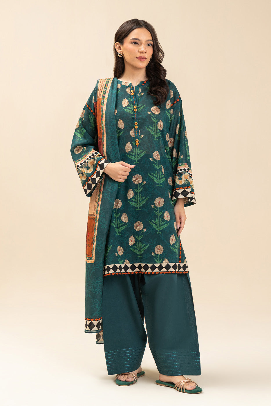 3 PIECE PRINTED LAWN SUIT-EMERALD SLATE (UNSTITCHED)