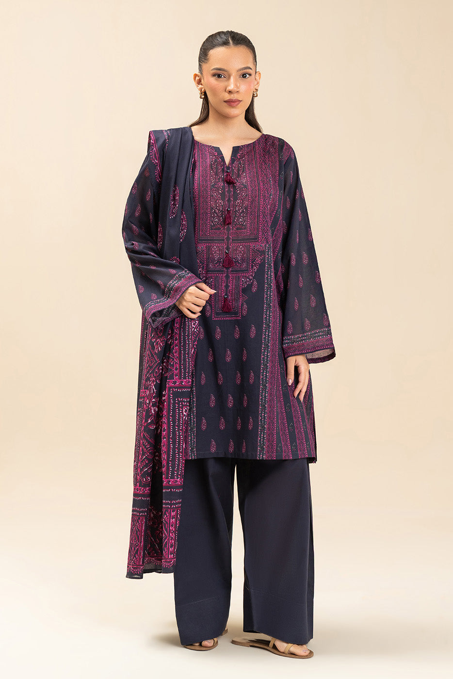 3 PIECE PRINTED LAWN SUIT-RETRO BLUE (UNSTITCHED)