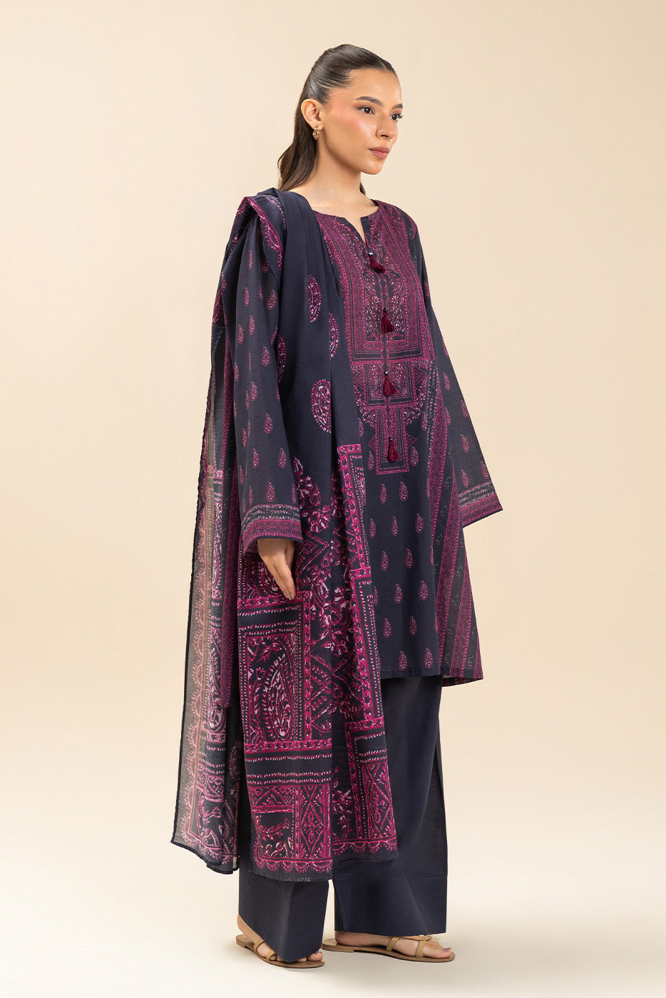 3 PIECE PRINTED LAWN SUIT-RETRO BLUE (UNSTITCHED)