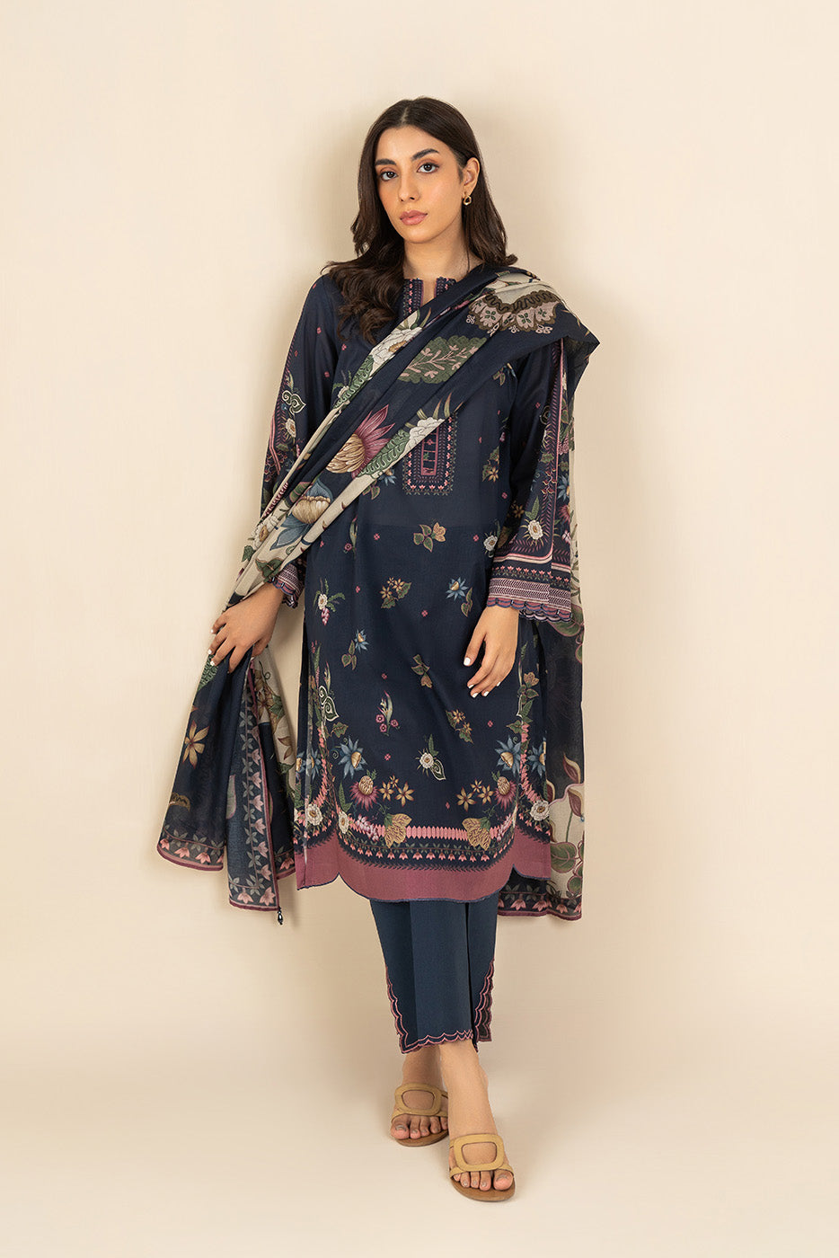 3 PIECE PRINTED LAWN SUIT-INDIGO PETAL ( UNSTITCHED )