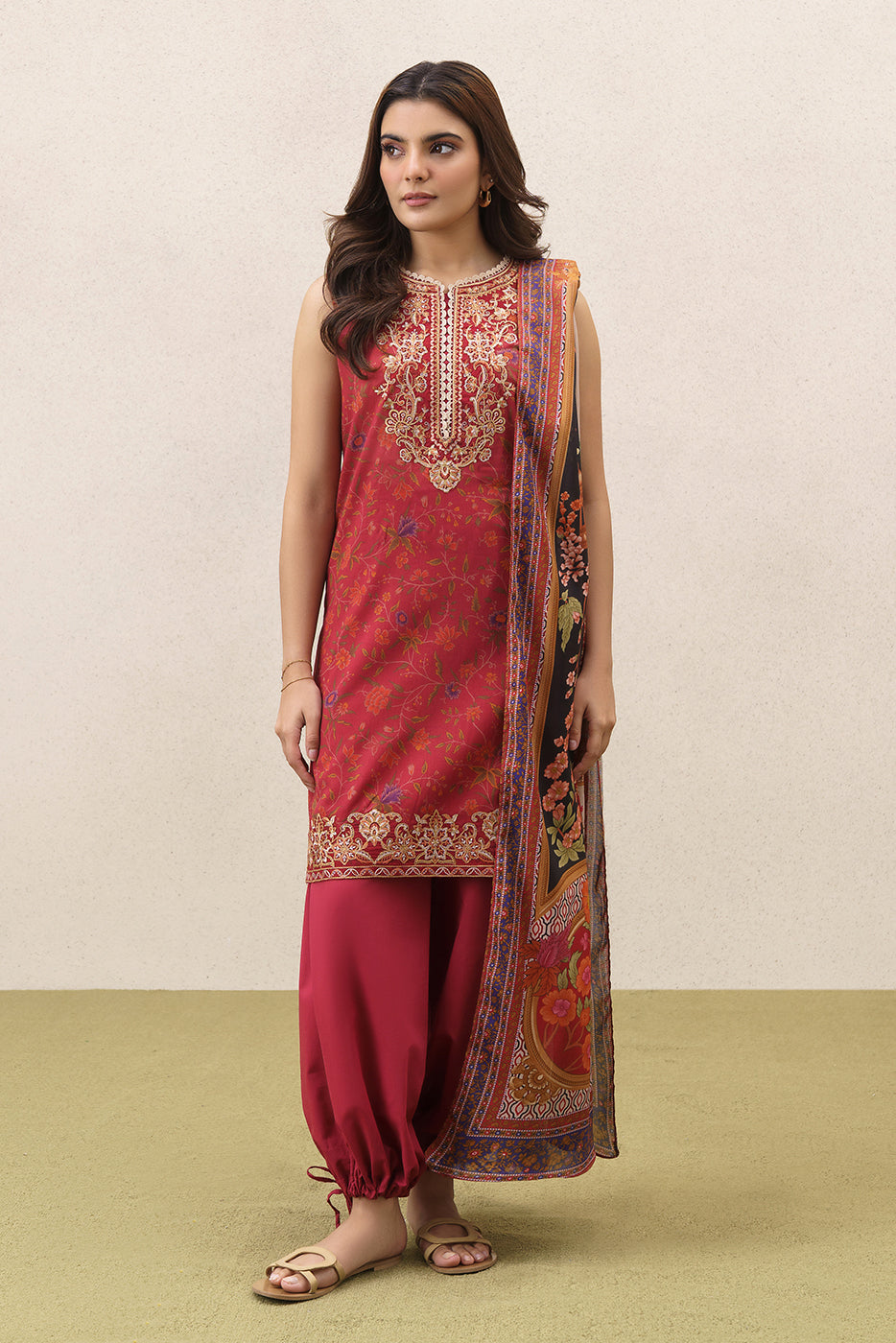 3 PIECE EMBROIDERED LAWN SUIT-SCARLET EMBER (UNSTITCHED)