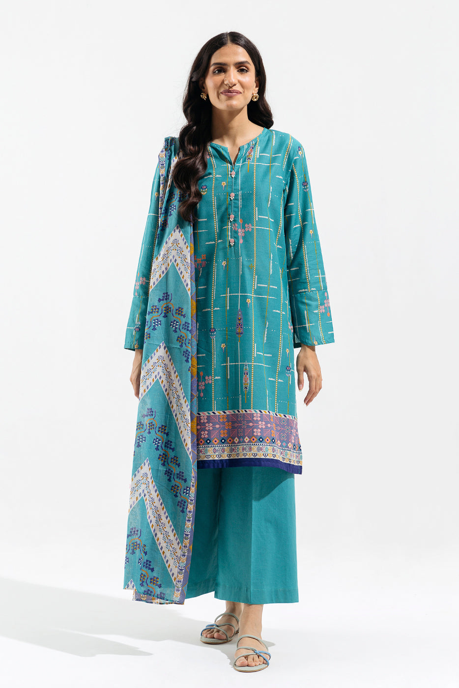 2 PIECE - PRINTED  LAWN SUIT - CYAN MAZE