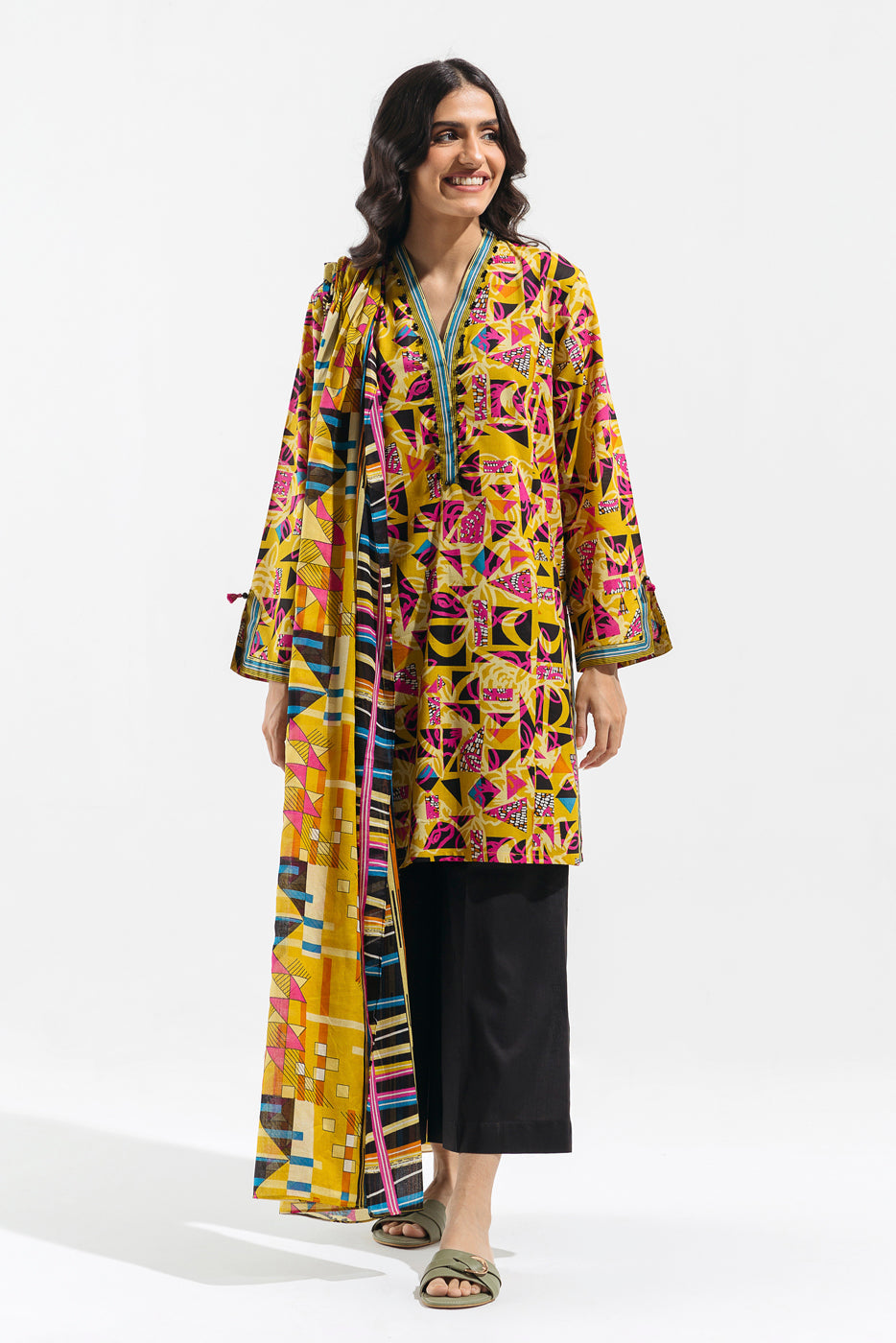 2 PIECE - PRINTED  LAWN SUIT - FLUORESCENT FLORA