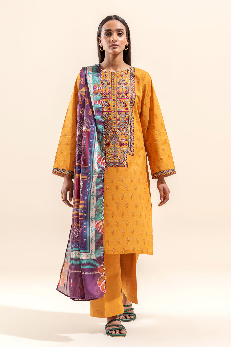 3 Piece Embroidered Lawn Suit-Saffron Glory (Unstitched)