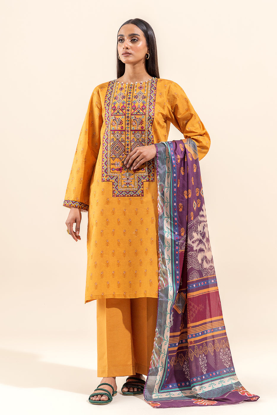 3 Piece Embroidered Lawn Suit-Saffron Glory (Unstitched)