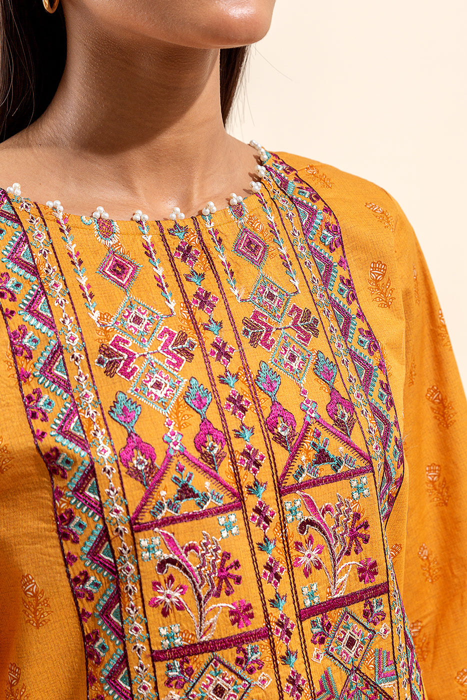 3 Piece Embroidered Lawn Suit-Saffron Glory (Unstitched)