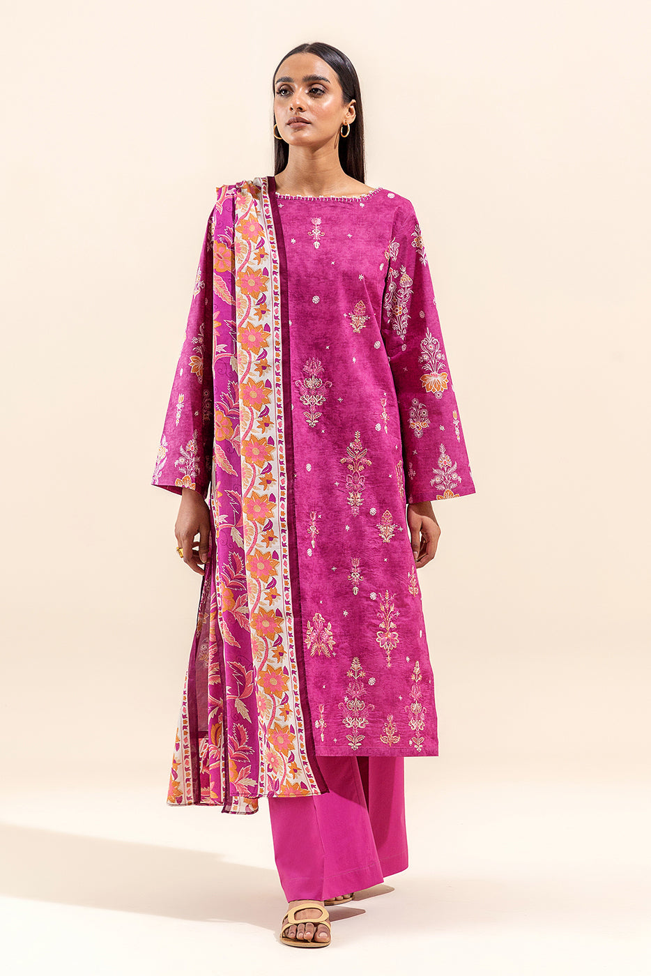 3 Piece Embroidered Lawn Suit-Fushia Dream (Unstitched)