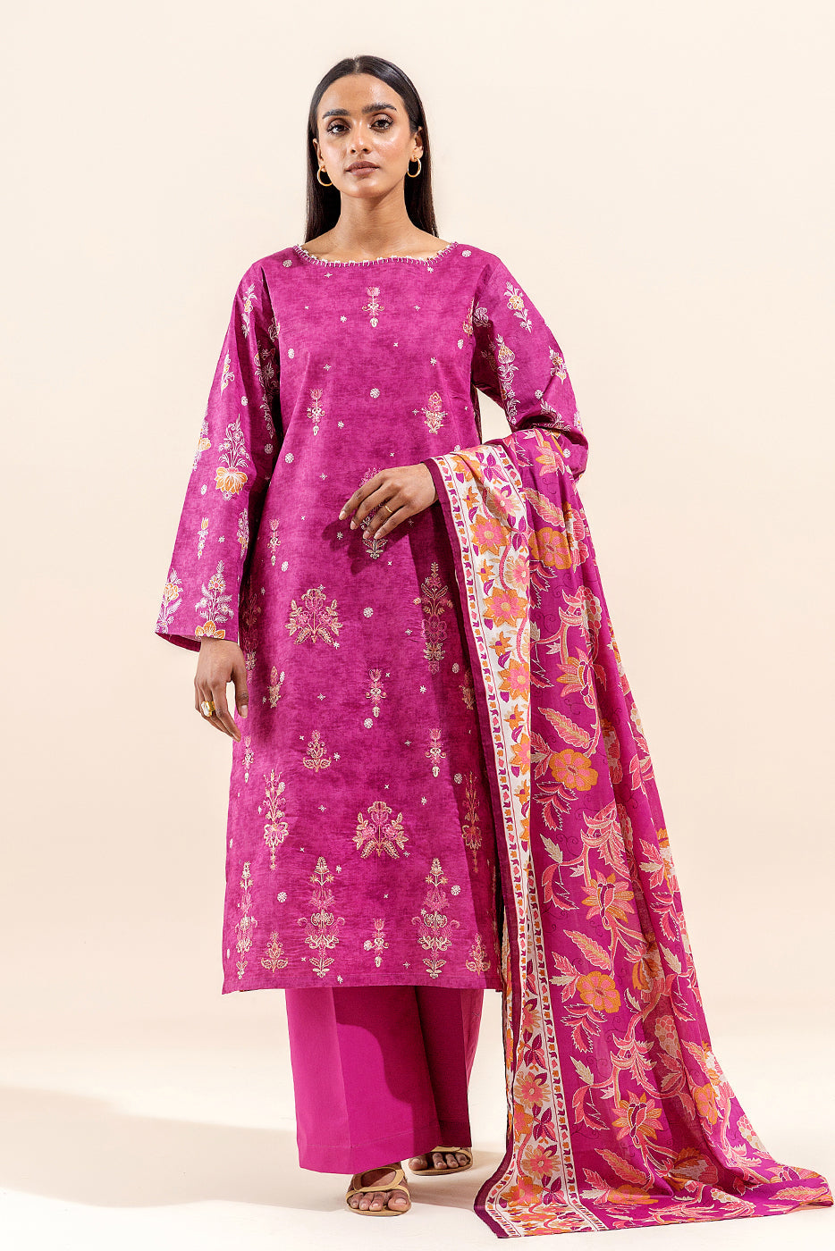 3 Piece Embroidered Lawn Suit-Fushia Dream (Unstitched)